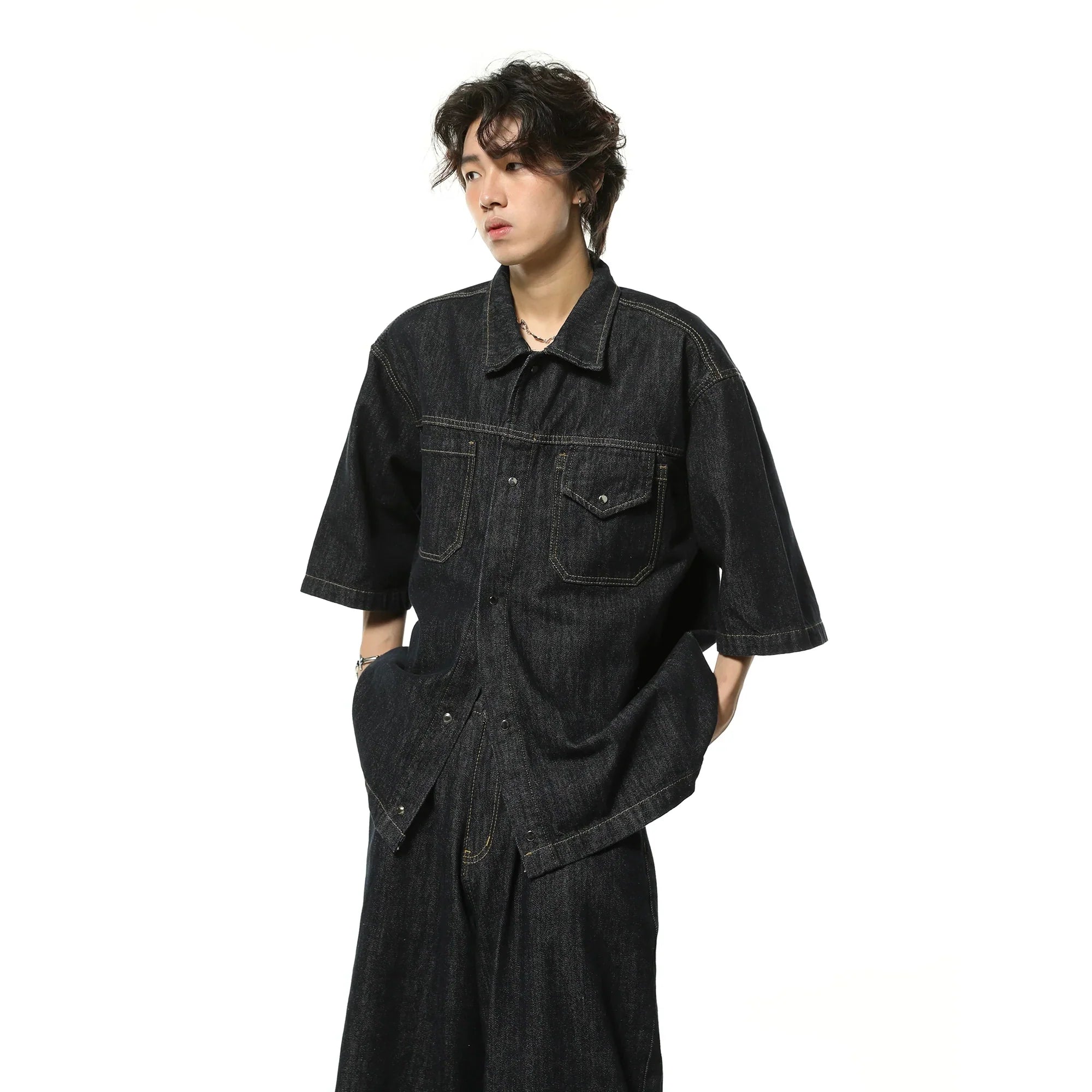 Washed Oversize Short Sleeve Denim Shirt & Half Denim Jeans Setup