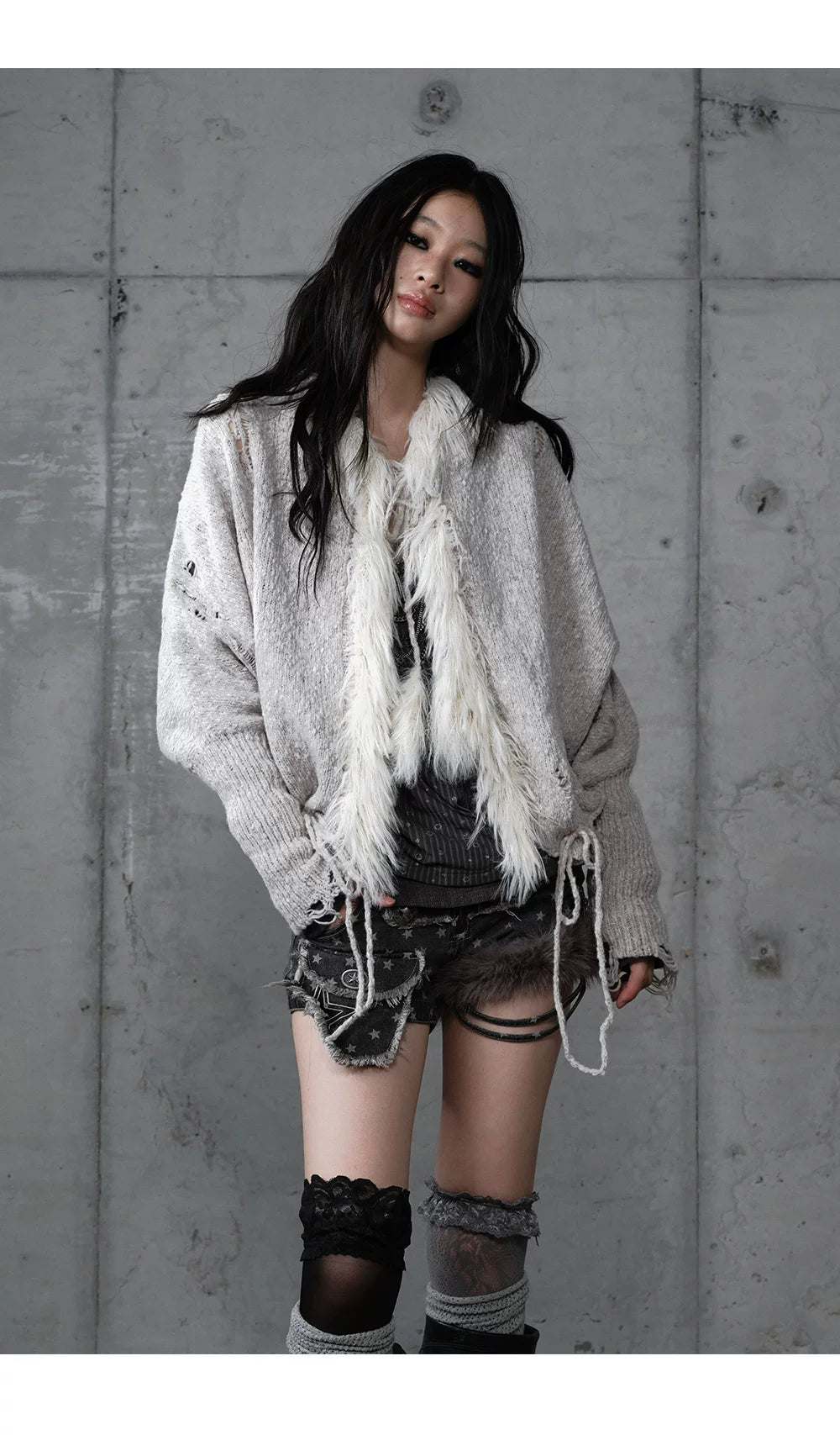 Fake Fur Trim Drawstring Oversize Knit Cardigan