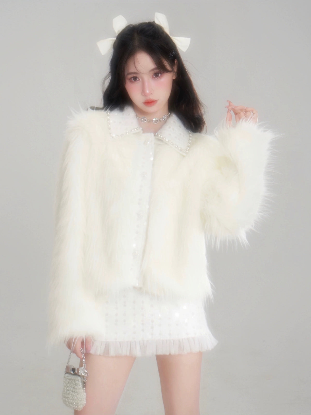 Eco Fur Warm Jacket & Short Skirt & Long Skirt Setup