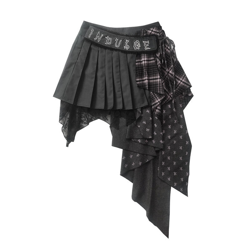 Plaid Patchwork Asymmetric Embroidery Skirt