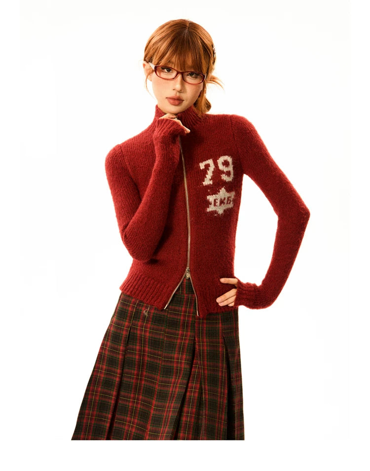 Number Patch Knit Zipper Stand Neck Cardigan