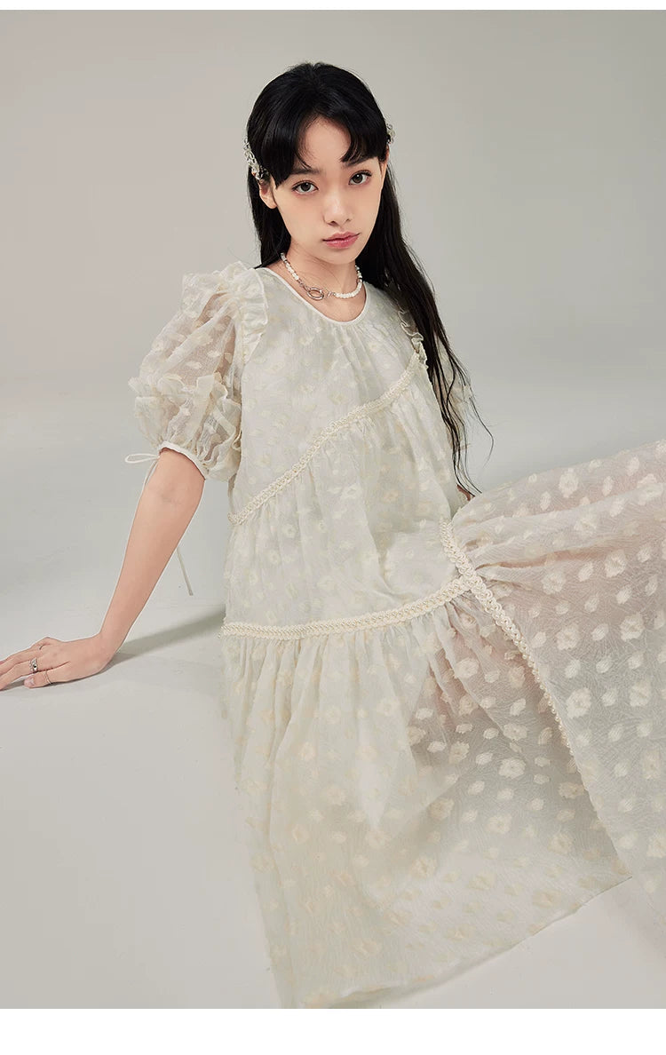 Jacquard Design Short Sleeve Dress With Irregular Hem Length