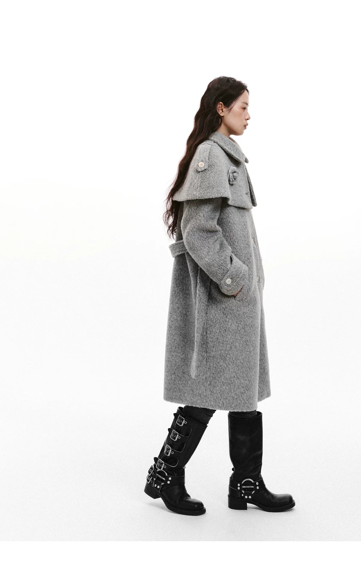 Cape Collar & Flower Detail Belted Coat
