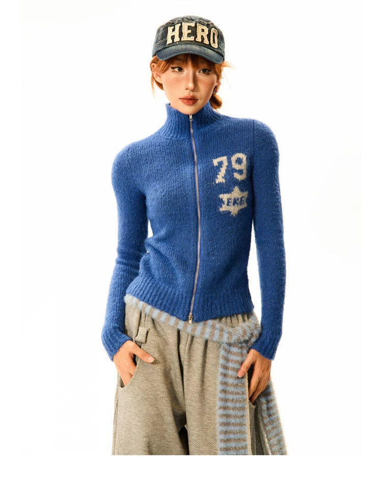 Number Patch Knit Zipper Stand Neck Cardigan