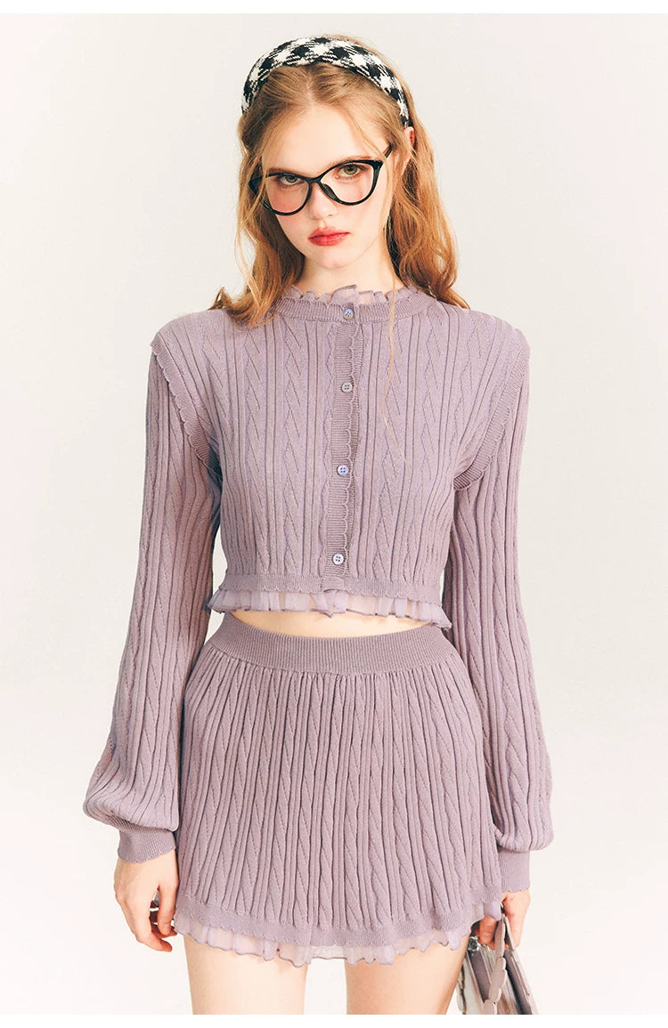 Tulip Button Knit Cardigan & Knit Short Skirt Setup