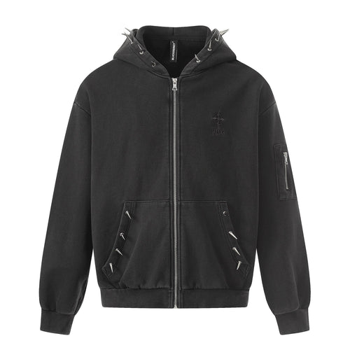 Sweat à capuche zippé, style usé, rivets, coton épais - Noir / S