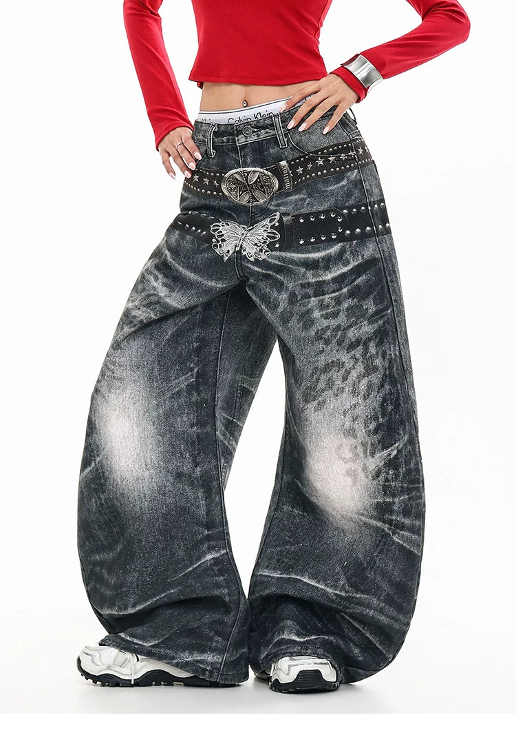 Butterfly Double Waistband 3D Print Wide Leg Denim Jeans