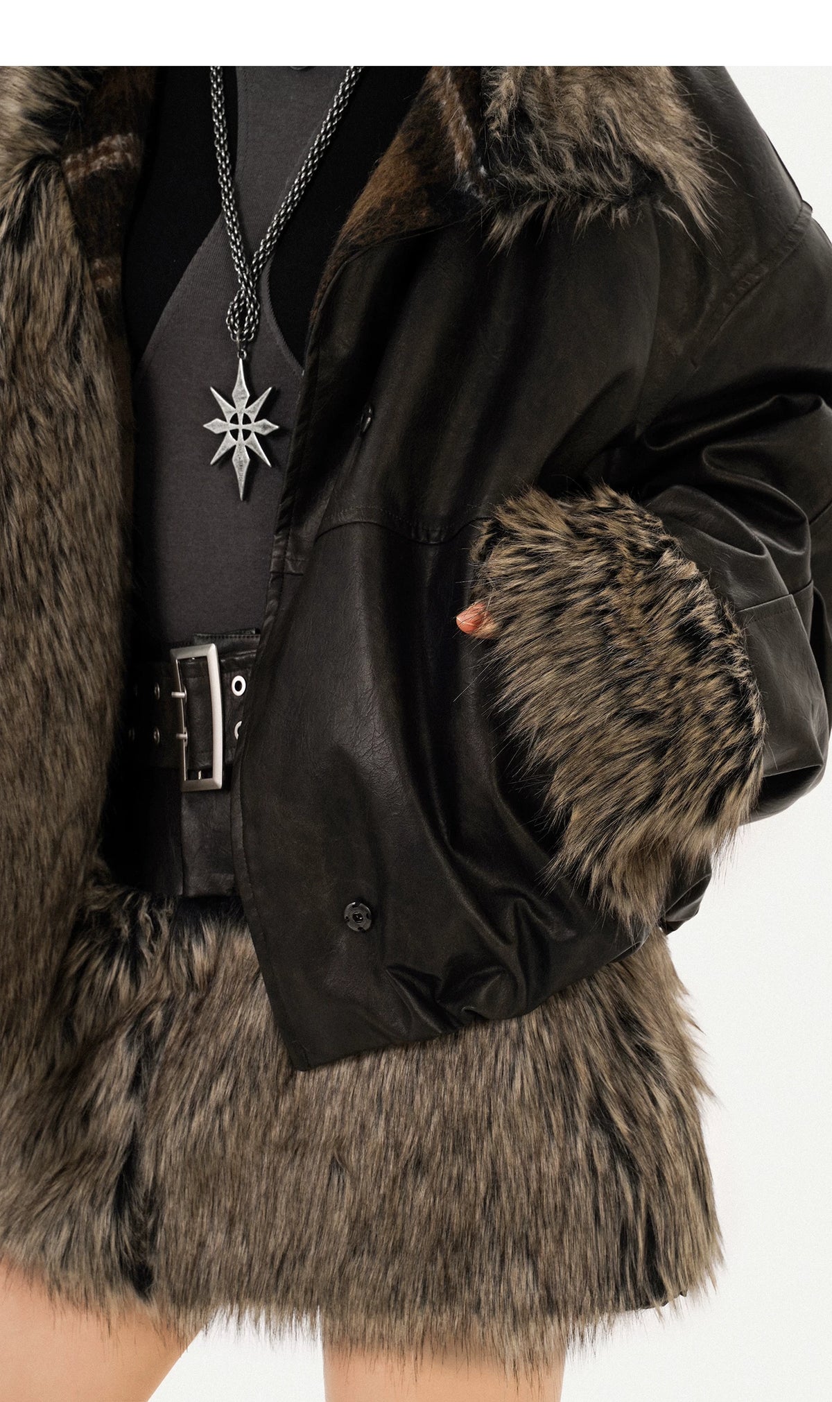 Reversible Fake Fur PU Leather Jacket & Skirt Setup