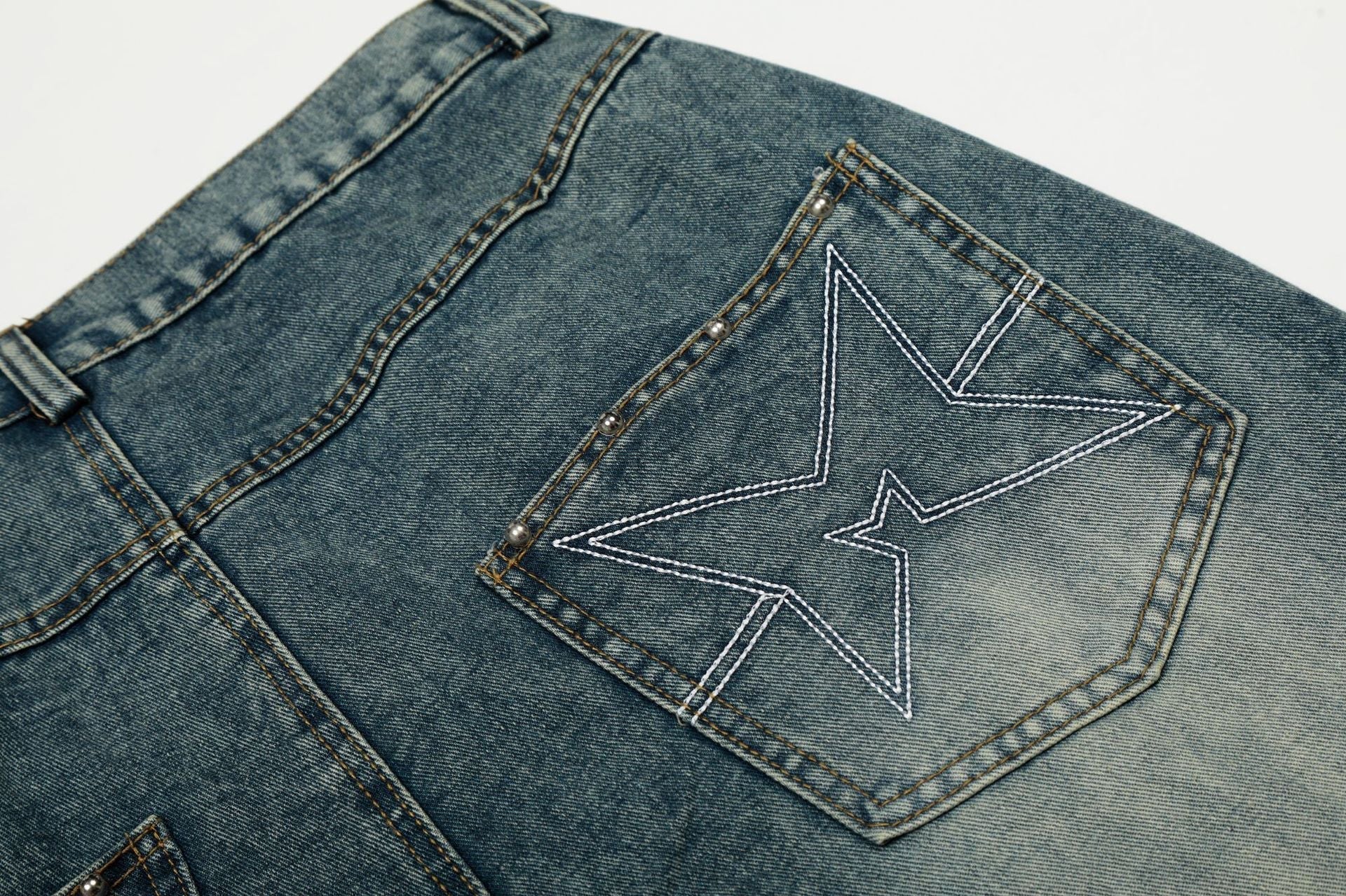 Star Patch Rivet Wide Leg Denim Jeans