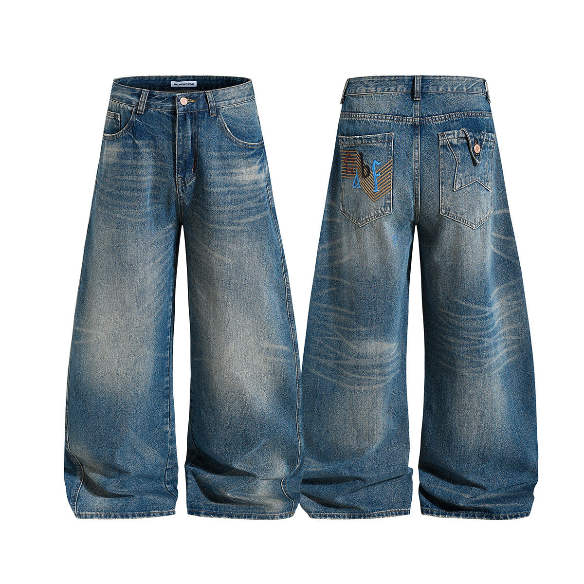 Embroidery Curved Wide Leg Denim Jeans
