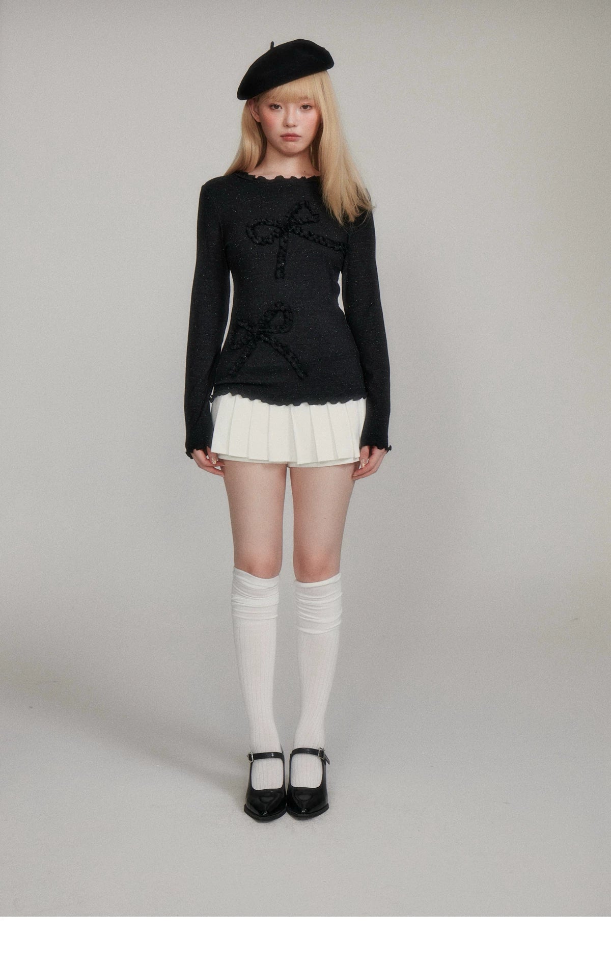 Dot Pattern Bow Lyocell Thermal Long Sleeve T-Shirt
