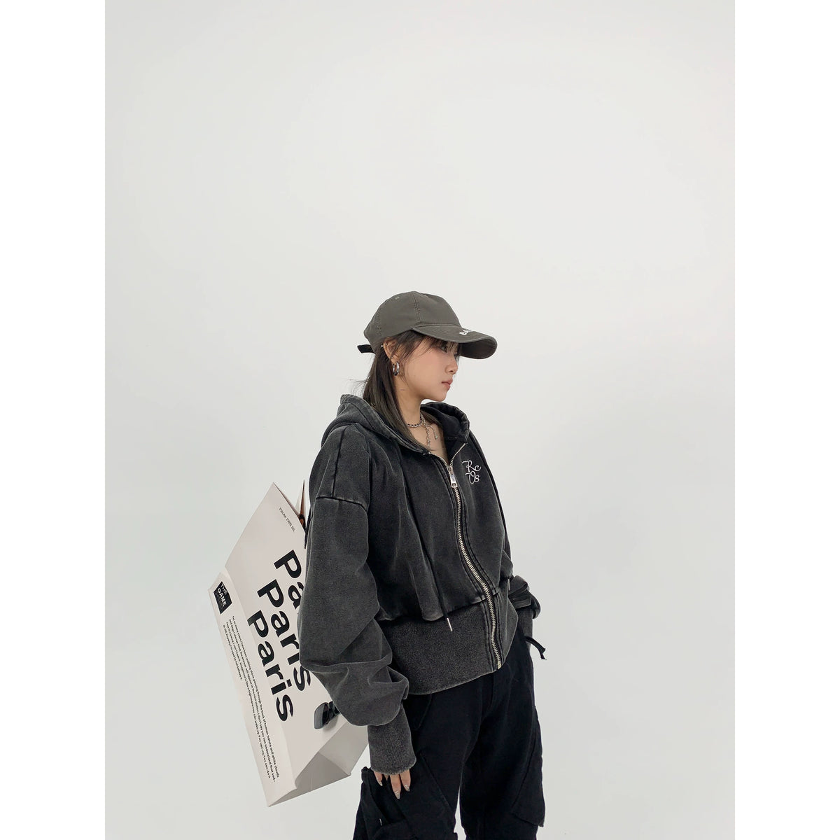 Logo Embroidery Zipper Short Hoodie