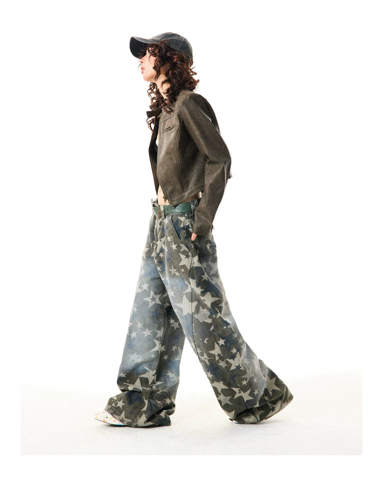 Star Print Damage Wide Leg Denim Jeans