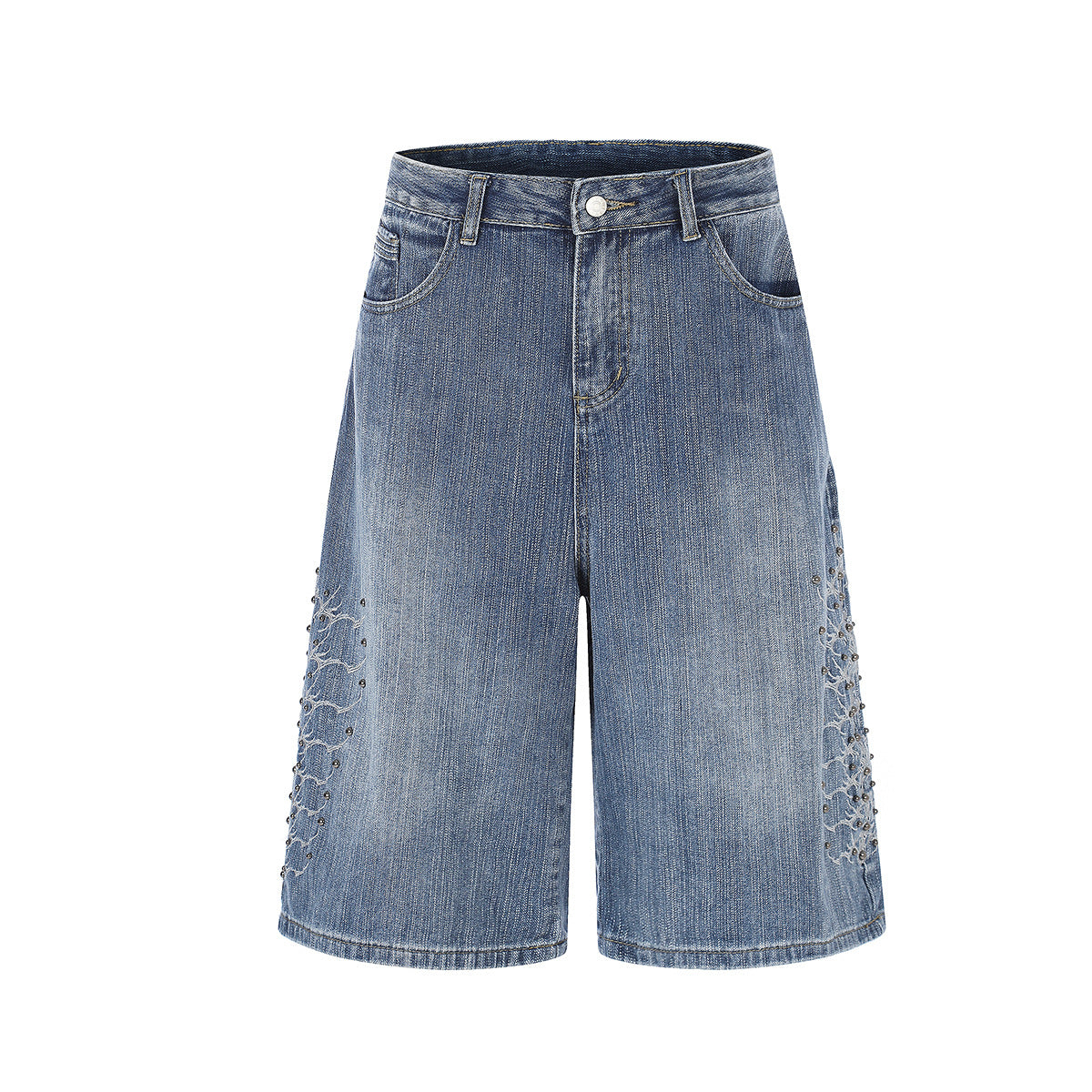 Embroidery Bead Wide Leg Short Denim Pants