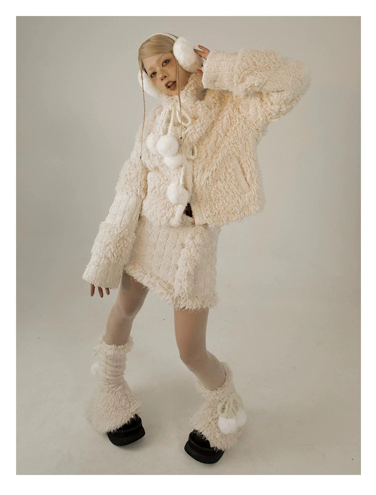 Fleece Lining Soft Fuzzy Knit Cardigan & Half Skirt Setup
