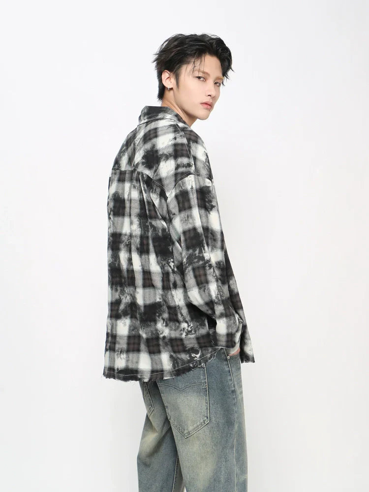 Tie-Dye Plaid Whisker Hem Long Sleeve Shirt