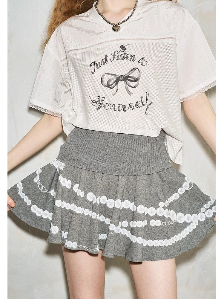 Bow Print V-Neck Short Sleeved T-Shirt