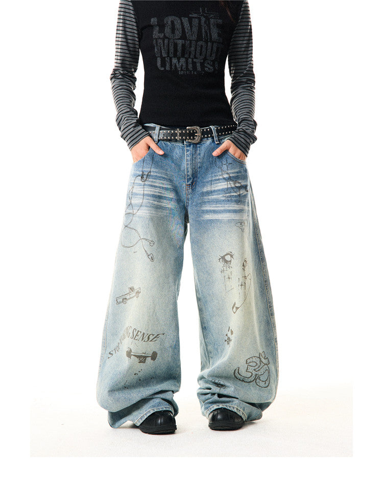 Washed Graffiti Print Wide Leg Denim Jeans