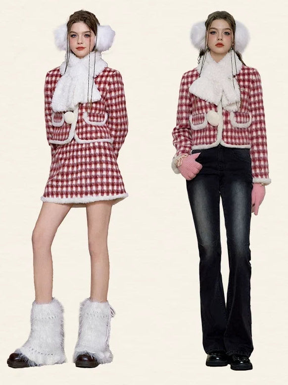 Christmas Plaid Tweed Jacket & Short Skirt Setup