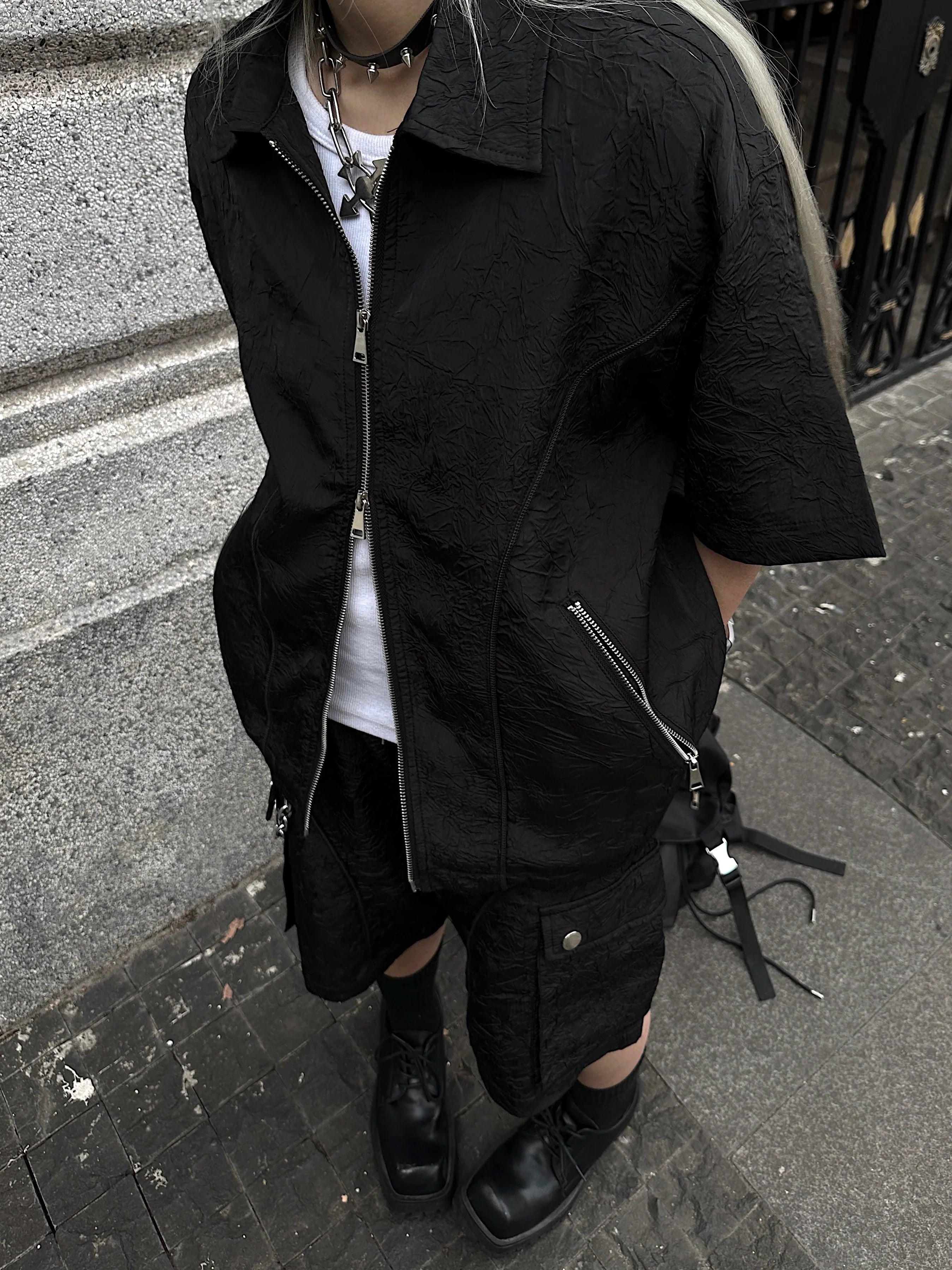Deconstructed Texture Double Zipper Short Sleeve Shirt
