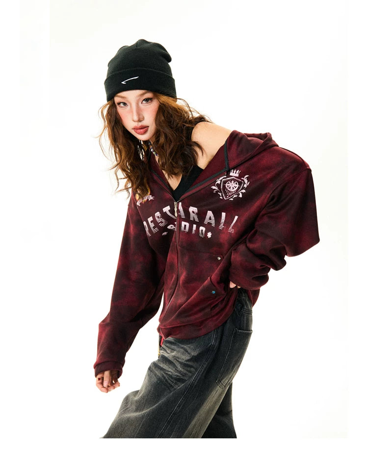 Tie-Dye Letter Print Oversize Zipper Hoodie