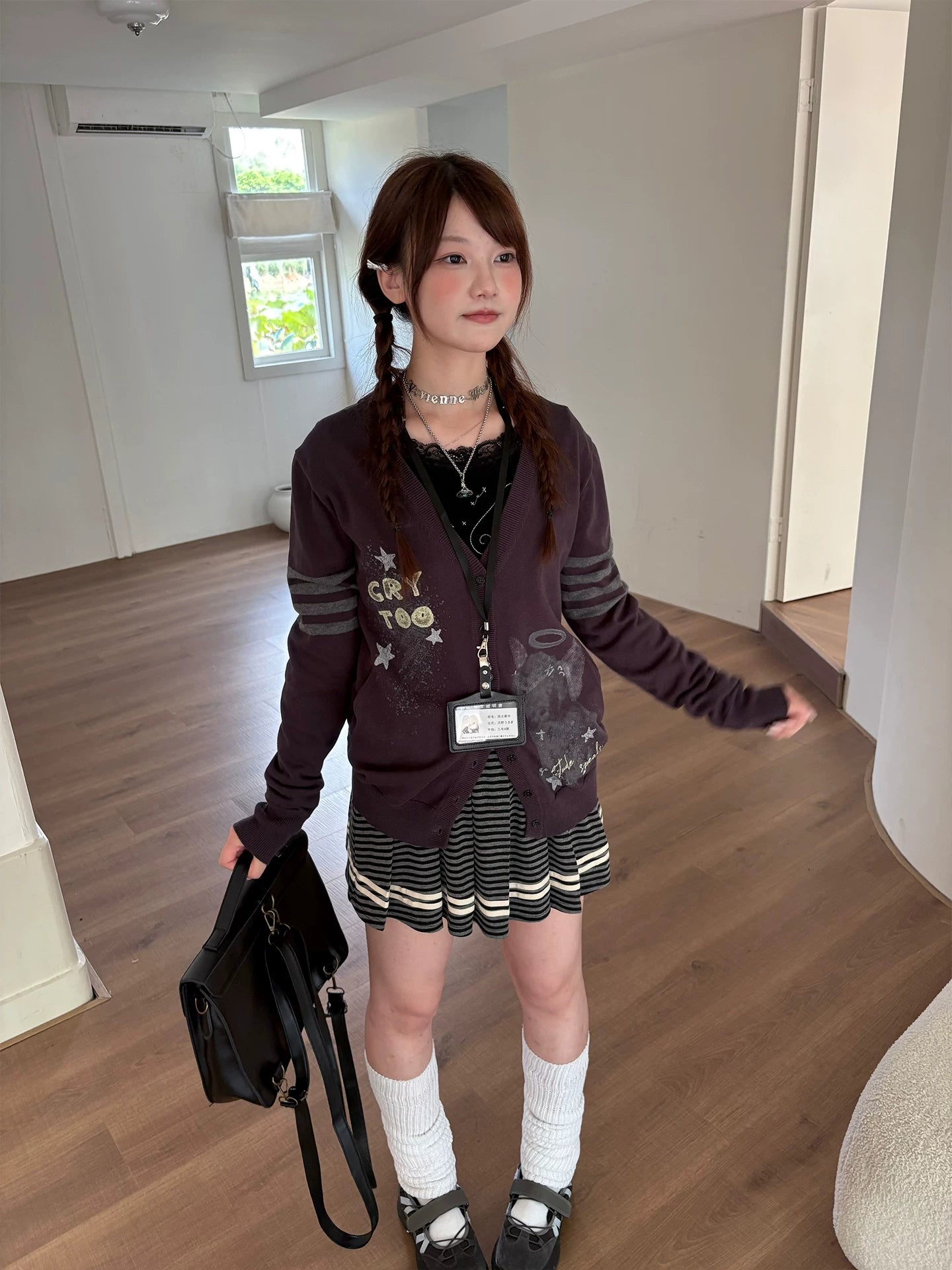Star Print Pleated Striped Short Skirt