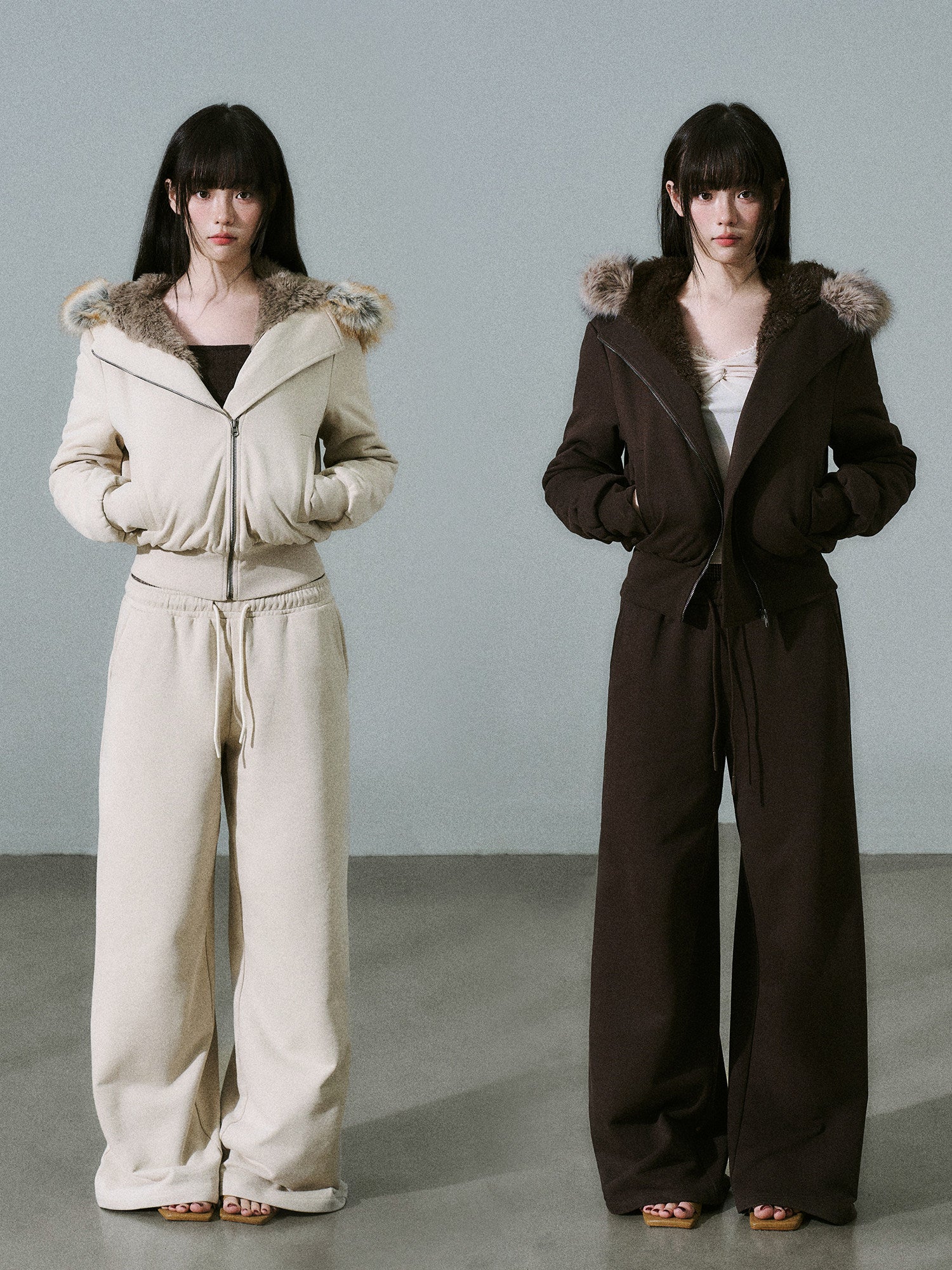 Fake Fur Hooded Zip-Up Jacket & Seatpants Setup