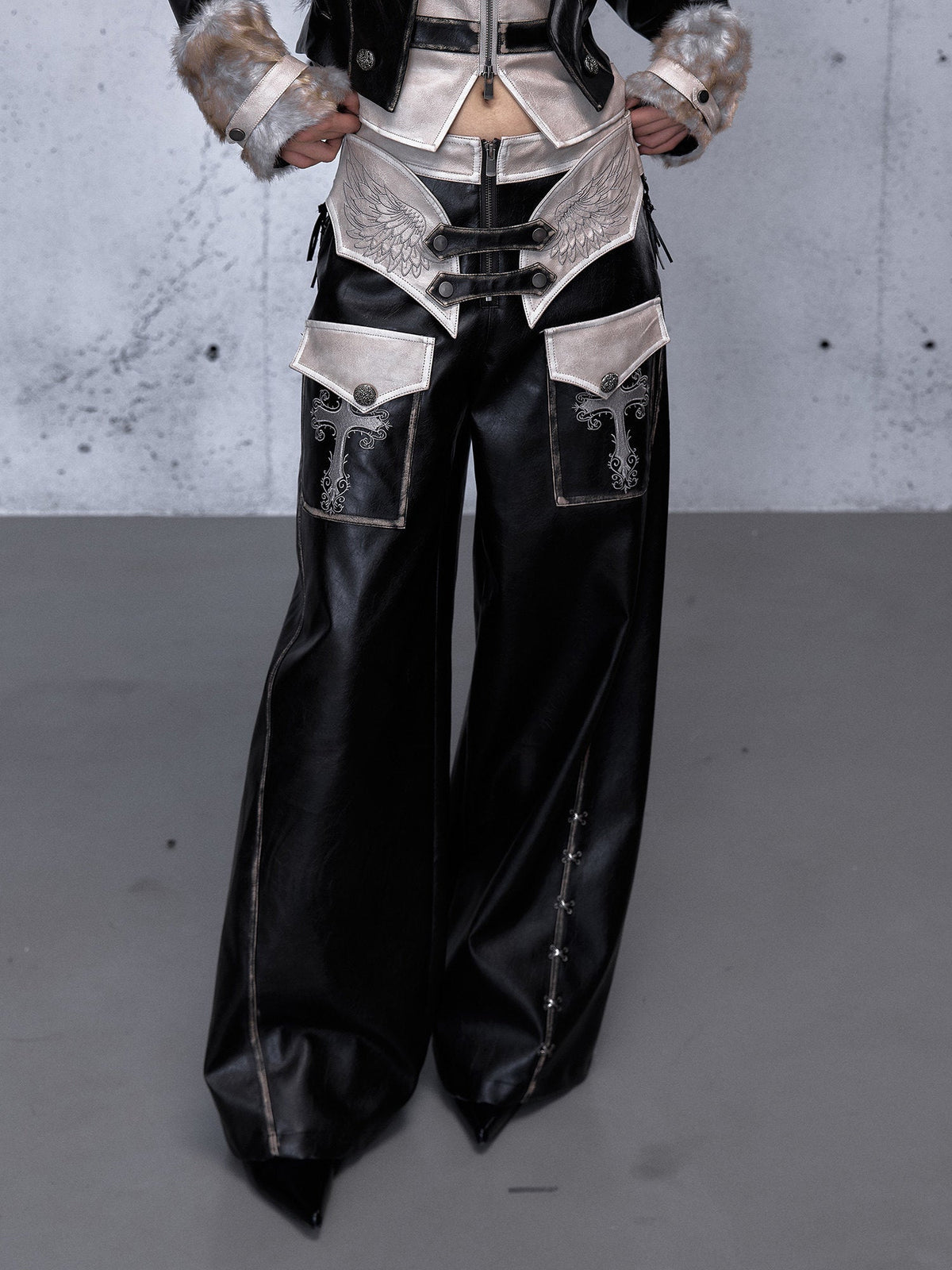 Lace Panel Buckle Detail Wide Leg PU Leather Pants