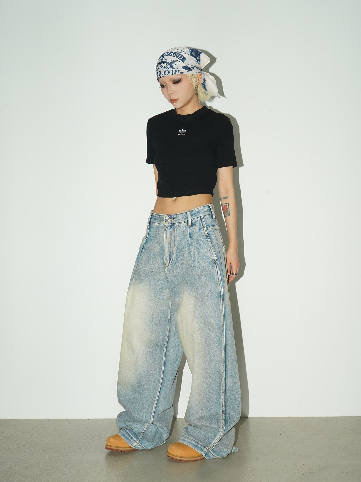 Washed Drape Wide Leg Denim Jeans