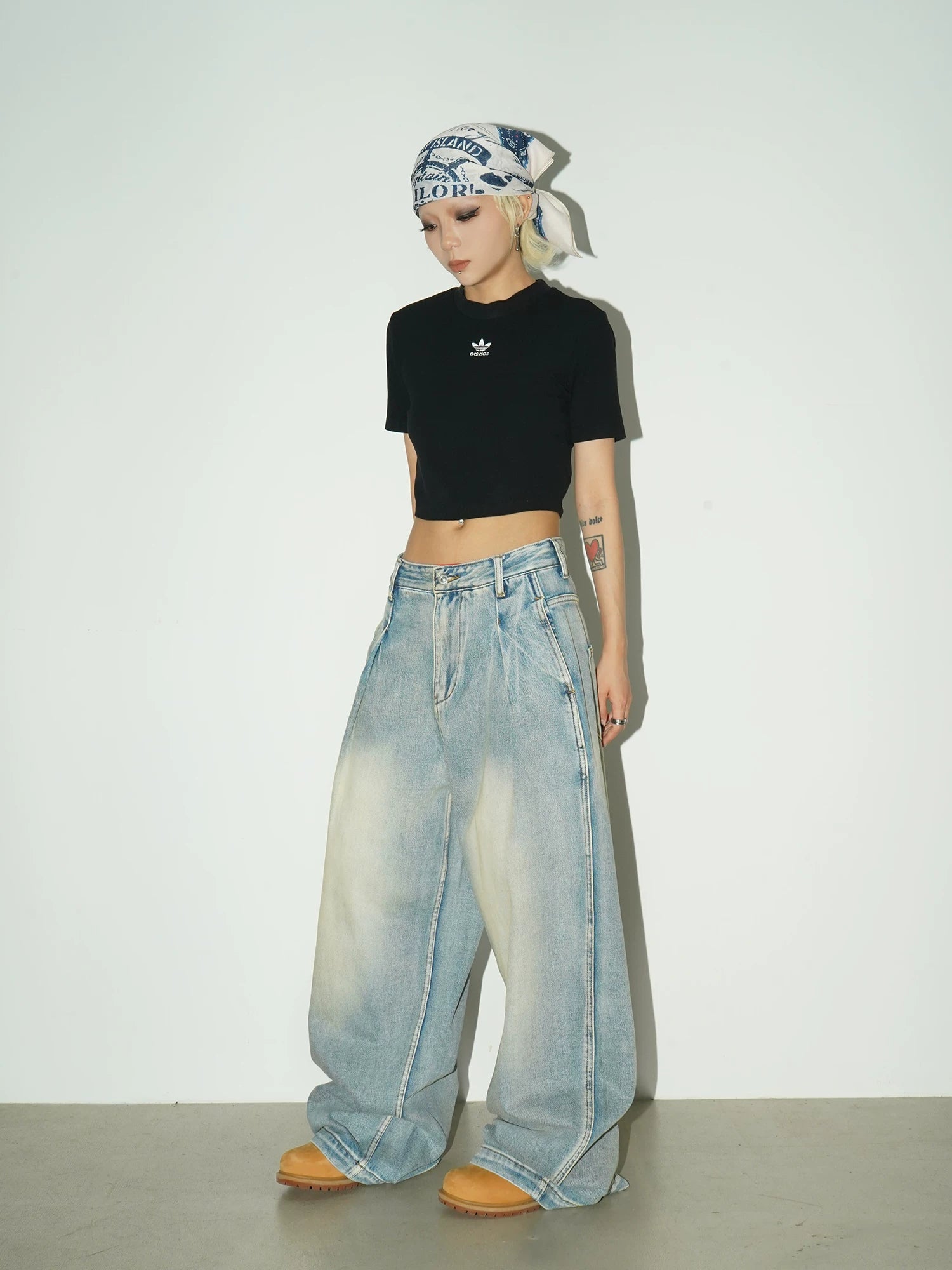 Washed Drape Wide Leg Denim Jeans