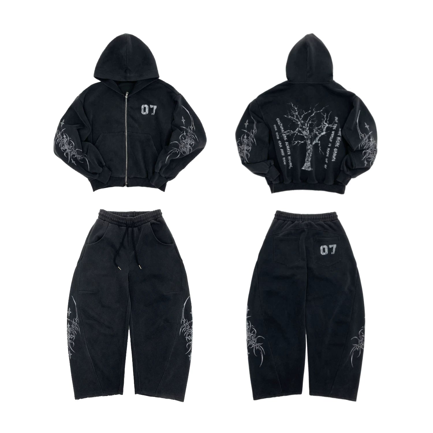 Graphic Print Oversize Zipper Hoodie & Wide Leg Sweatpants Setup