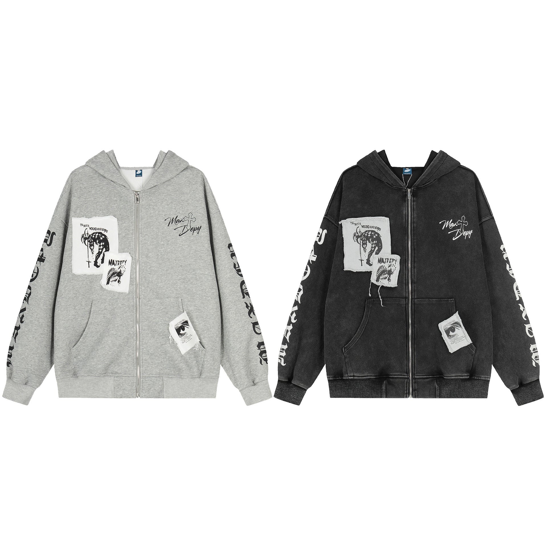 Washed Patch Logo Print Zipper Hoodie