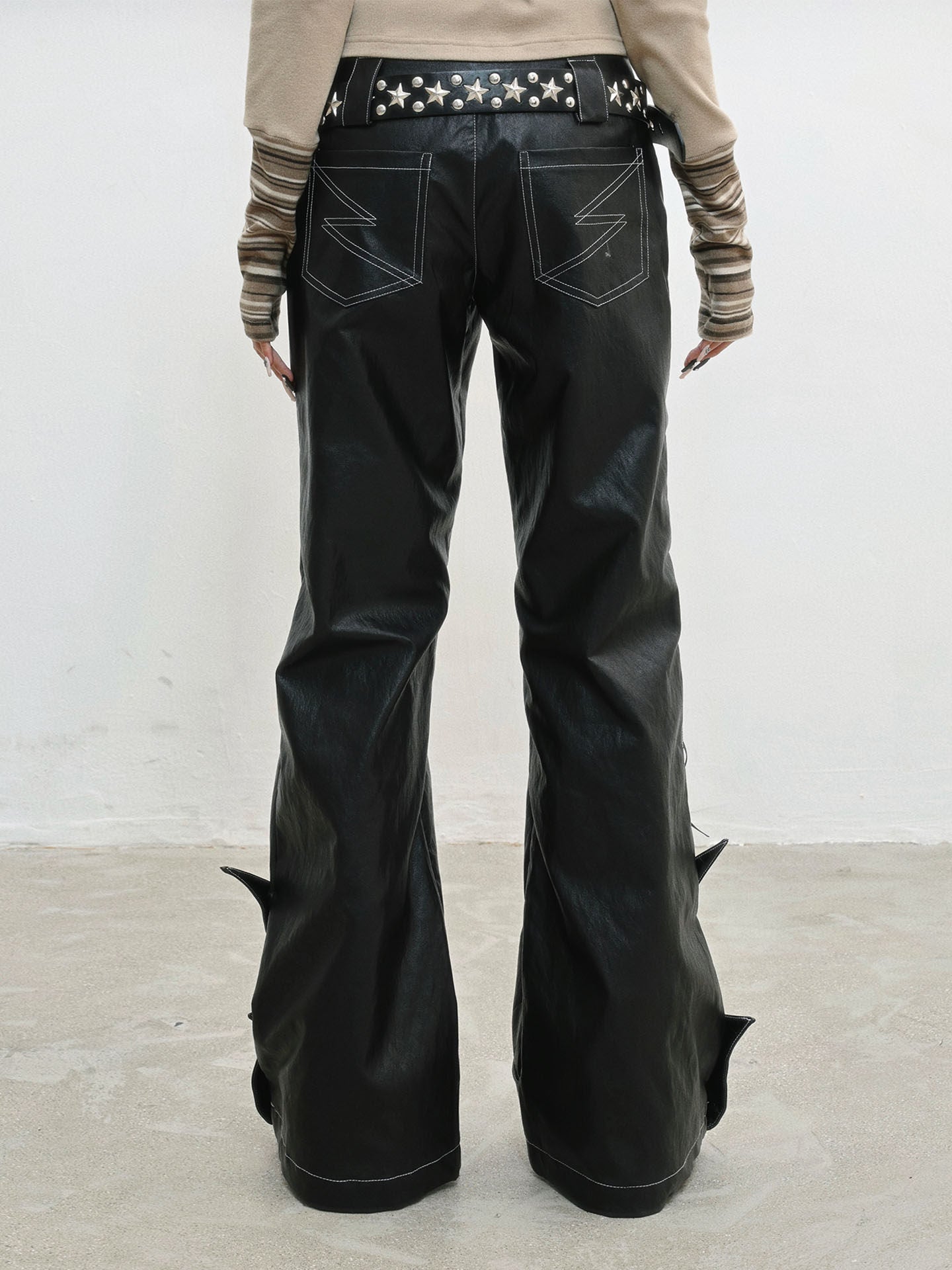Original Design Lace-Up Double Waistband Structural PU Leather Pants