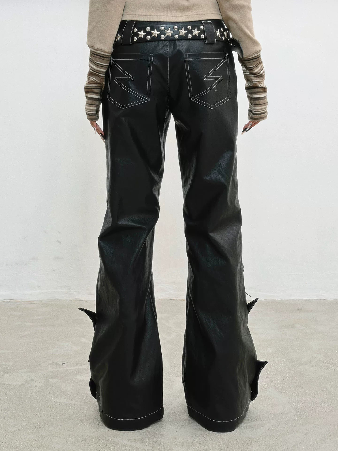Original Design Lace-Up Double Waistband Structural PU Leather Pants