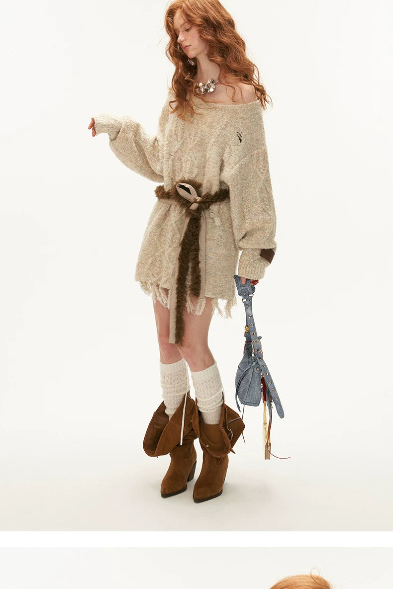 Wool Blend Tassel Knit Sweater & Waist Belt
