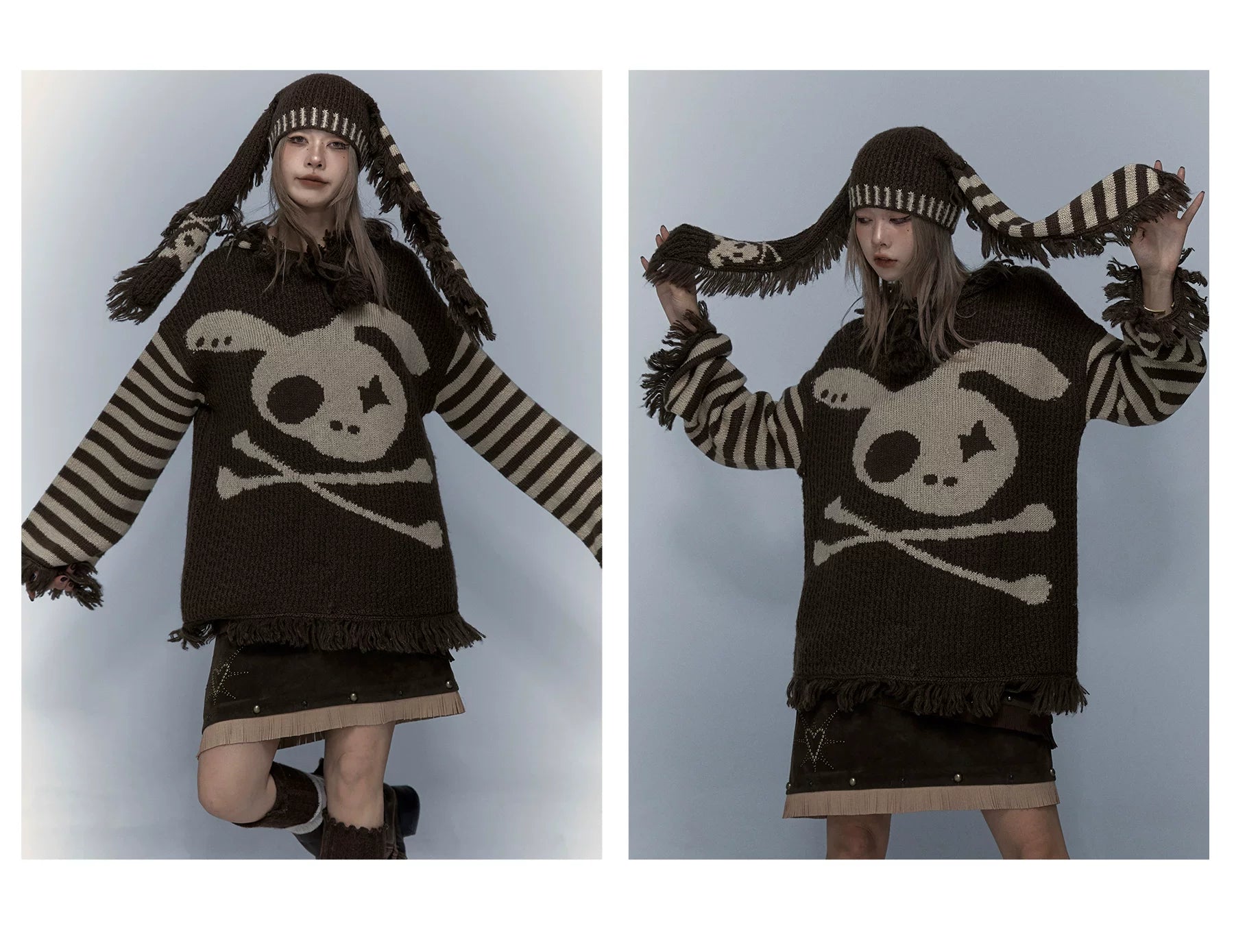 Skull Print Stripe Oversize Knit Hoodie