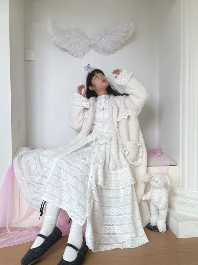 Plush Bow Ruffle Long Coat