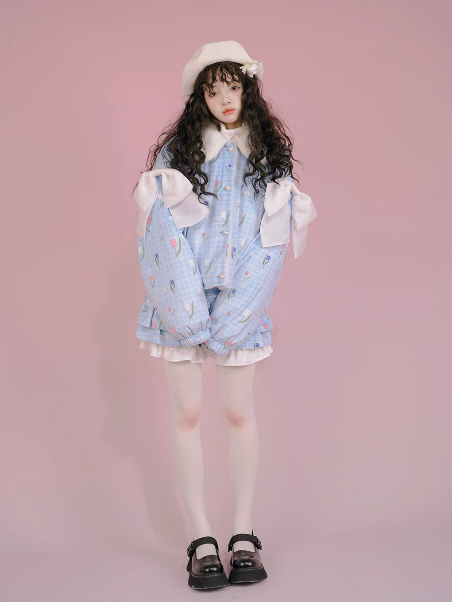 Flower Print Bow Fleece Lining Puffer Jacket