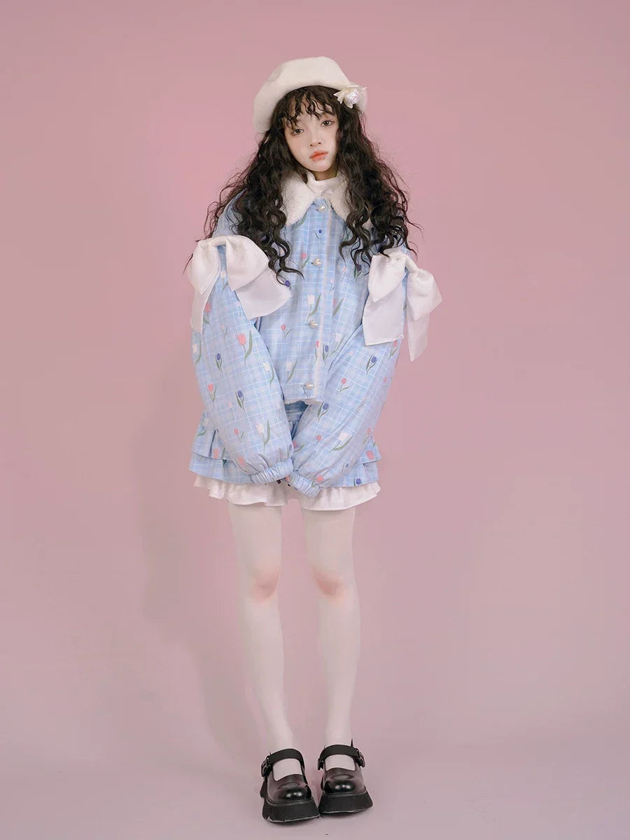 Flower Print Bow Fleece Lining Puffer Jacket