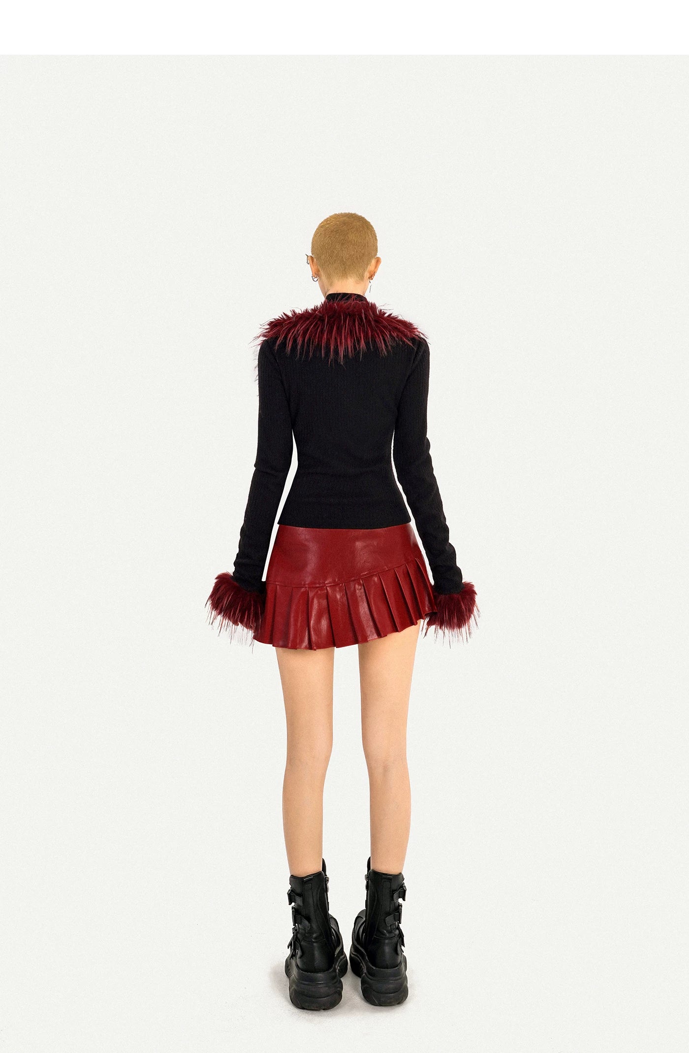 Fake Layered Double Zipper Flame Fake Fur Collar Knit Cardigan