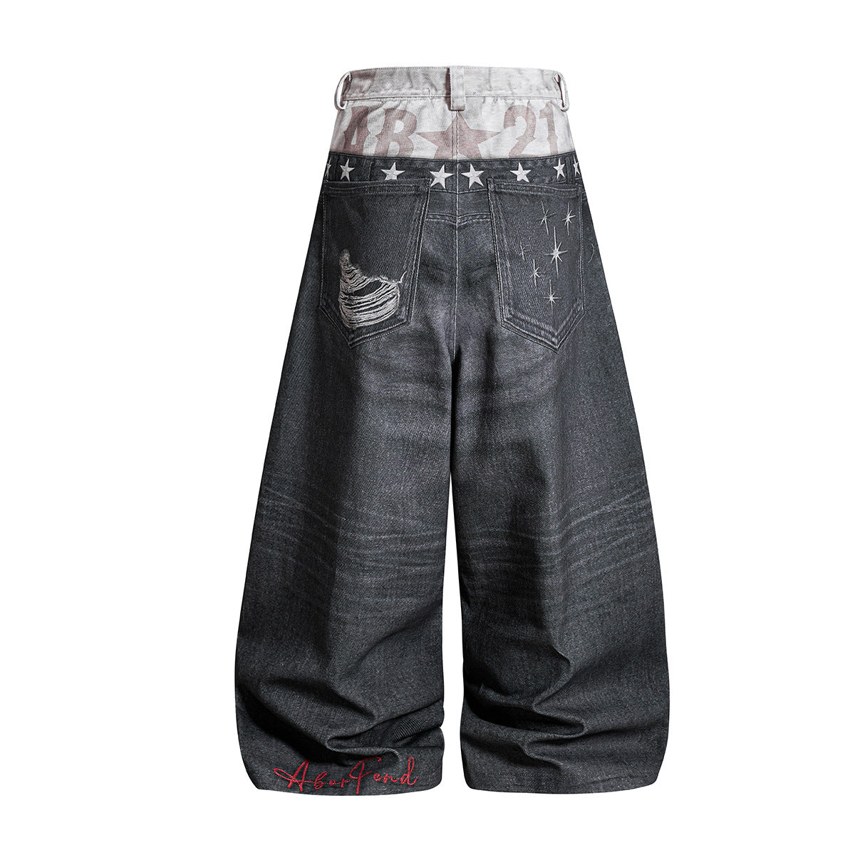 Star Damage Washed Wide Leg Denim Jeans