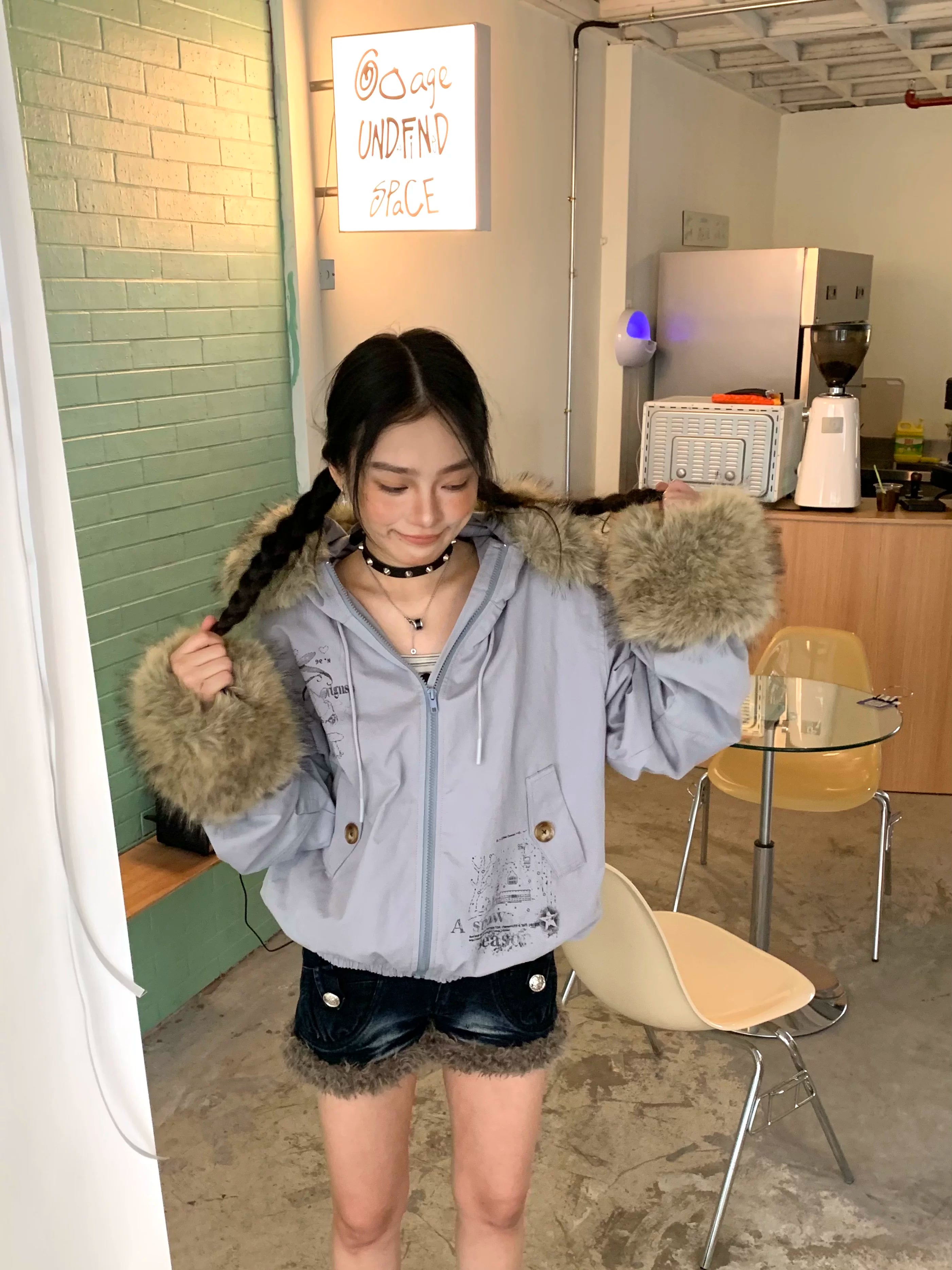 Fake Fur Trim Graphic Print Oversize Hooded Jacket