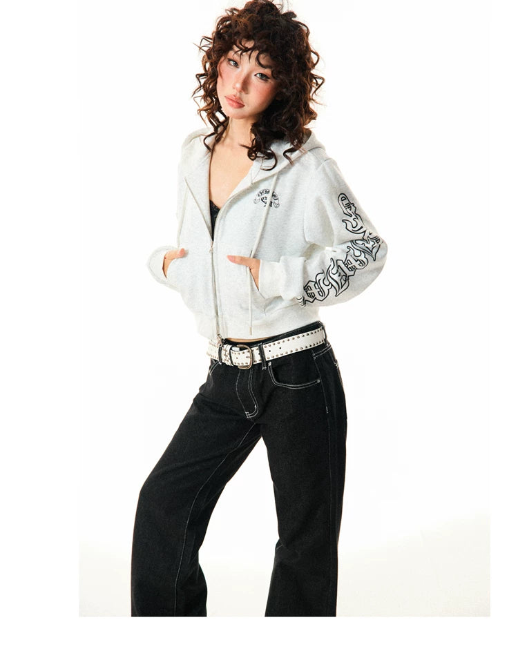 Gothic Logo Print Cropped Zipper Hoodie