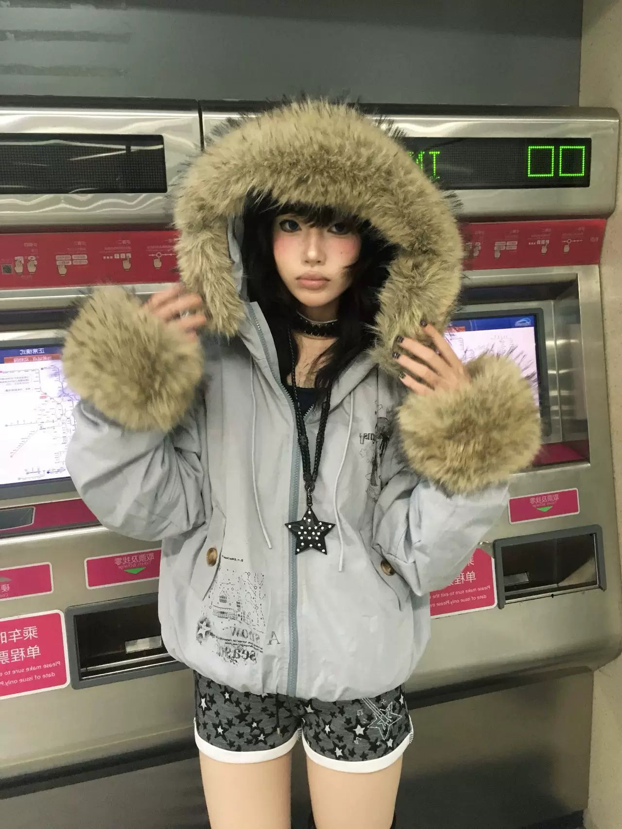 Fake Fur Trim Graphic Print Oversize Hooded Jacket