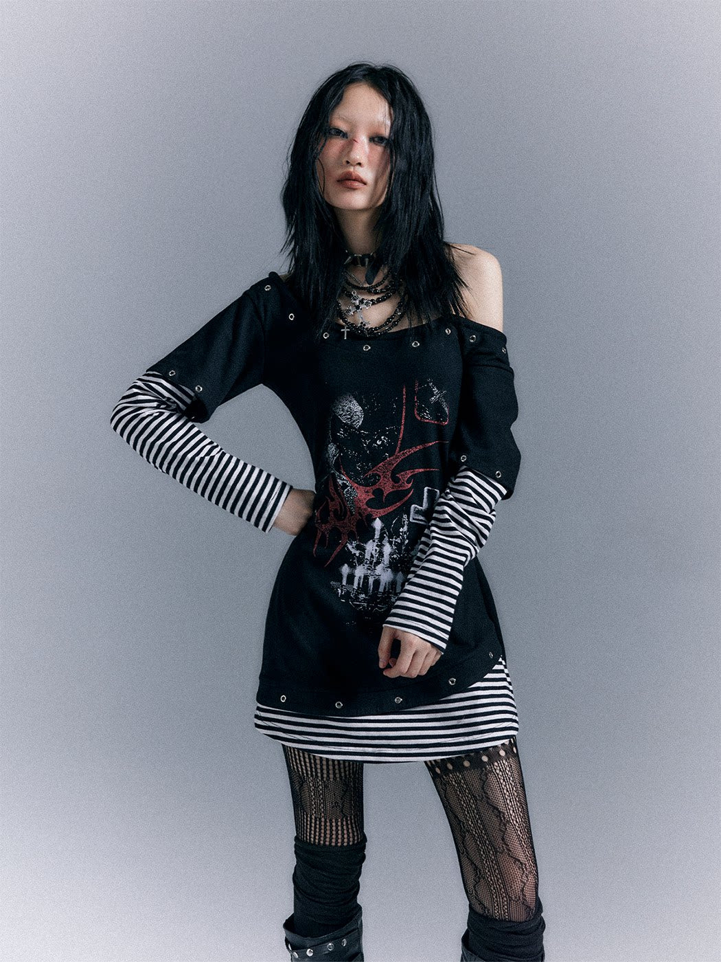 Light Punk Stripe Long Sleeve Graphic Waist-Cinching T-Shirt Dress