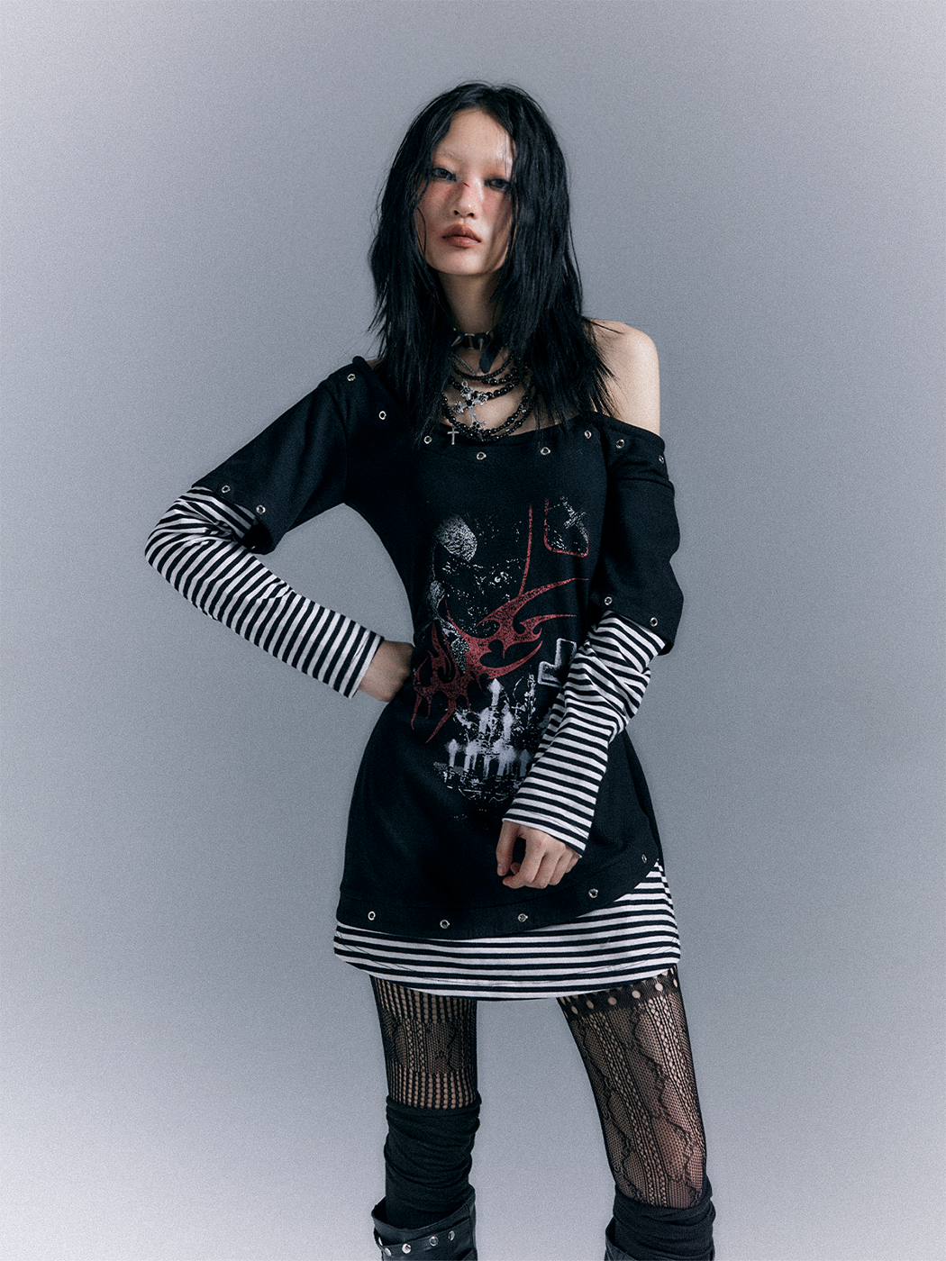 Light Punk Stripe Long Sleeve Graphic Waist-Cinching T-Shirt Dress