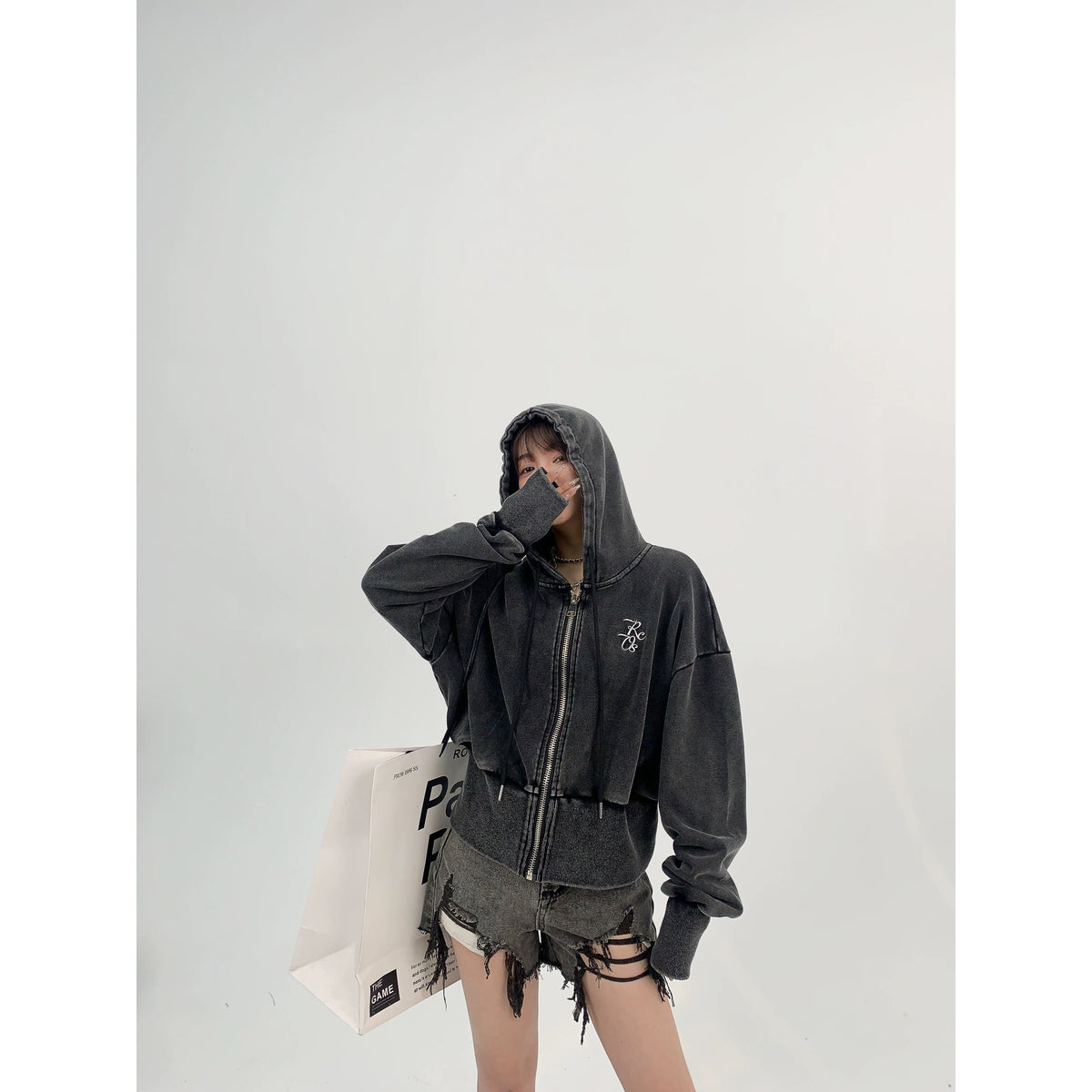 Logo Embroidery Zipper Short Hoodie