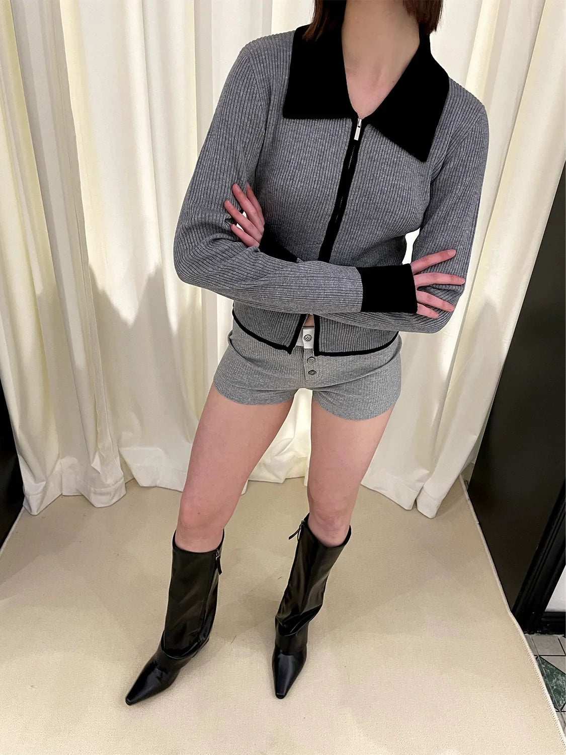 Polo Collar Zipper Knit Cardigan