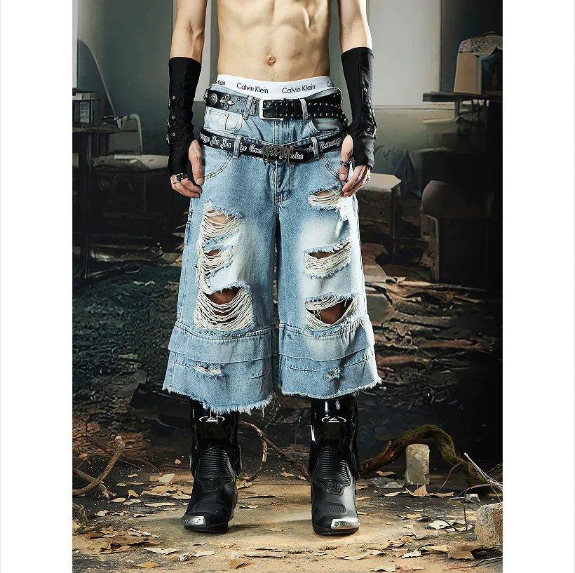 Double Waistband Ripped Washed Wide Leg Short
