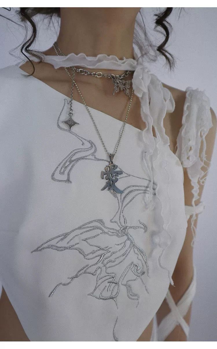 Butterfly Embroidery Tie-Strap Tank Top